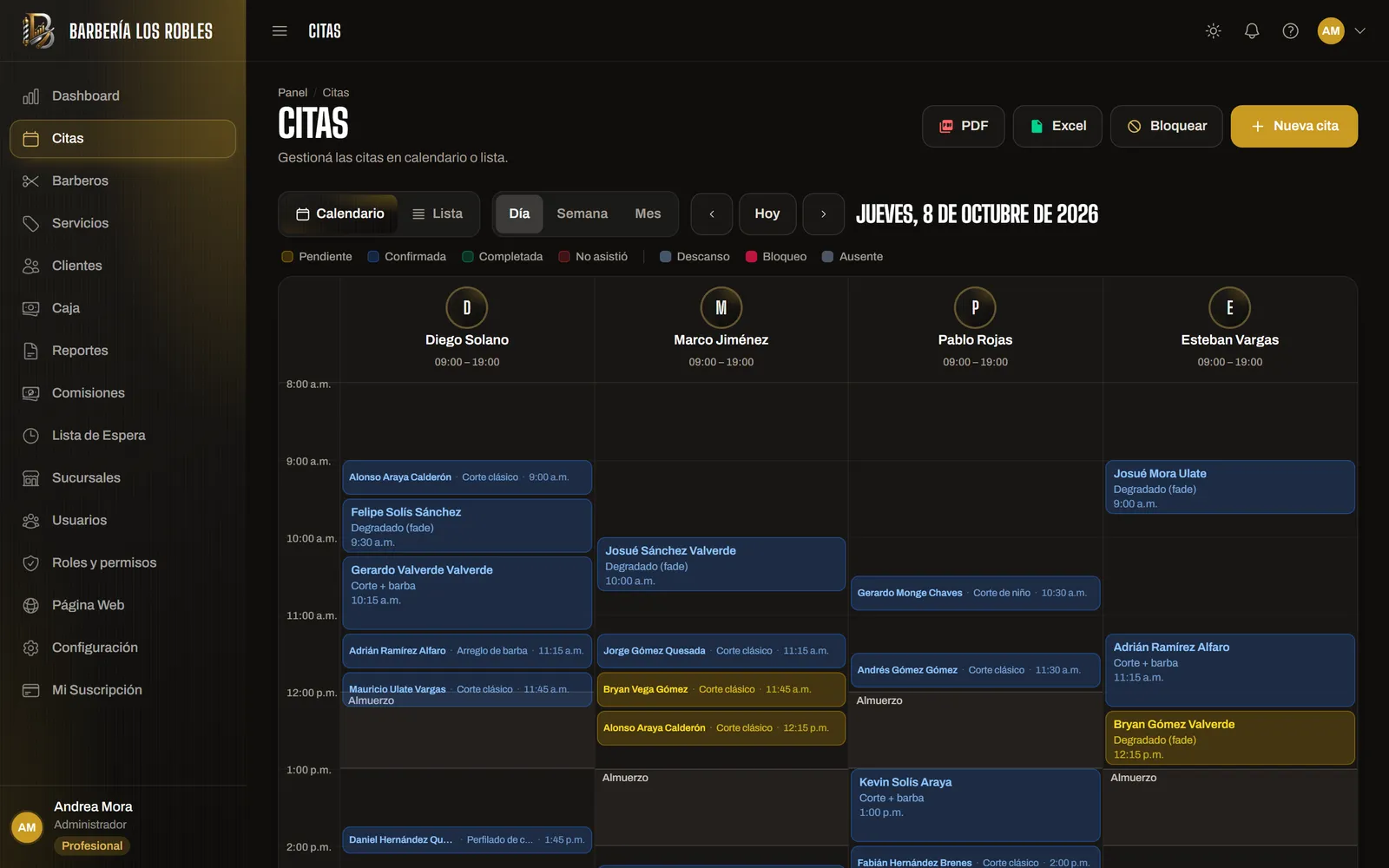 Agenda de día por barbero.