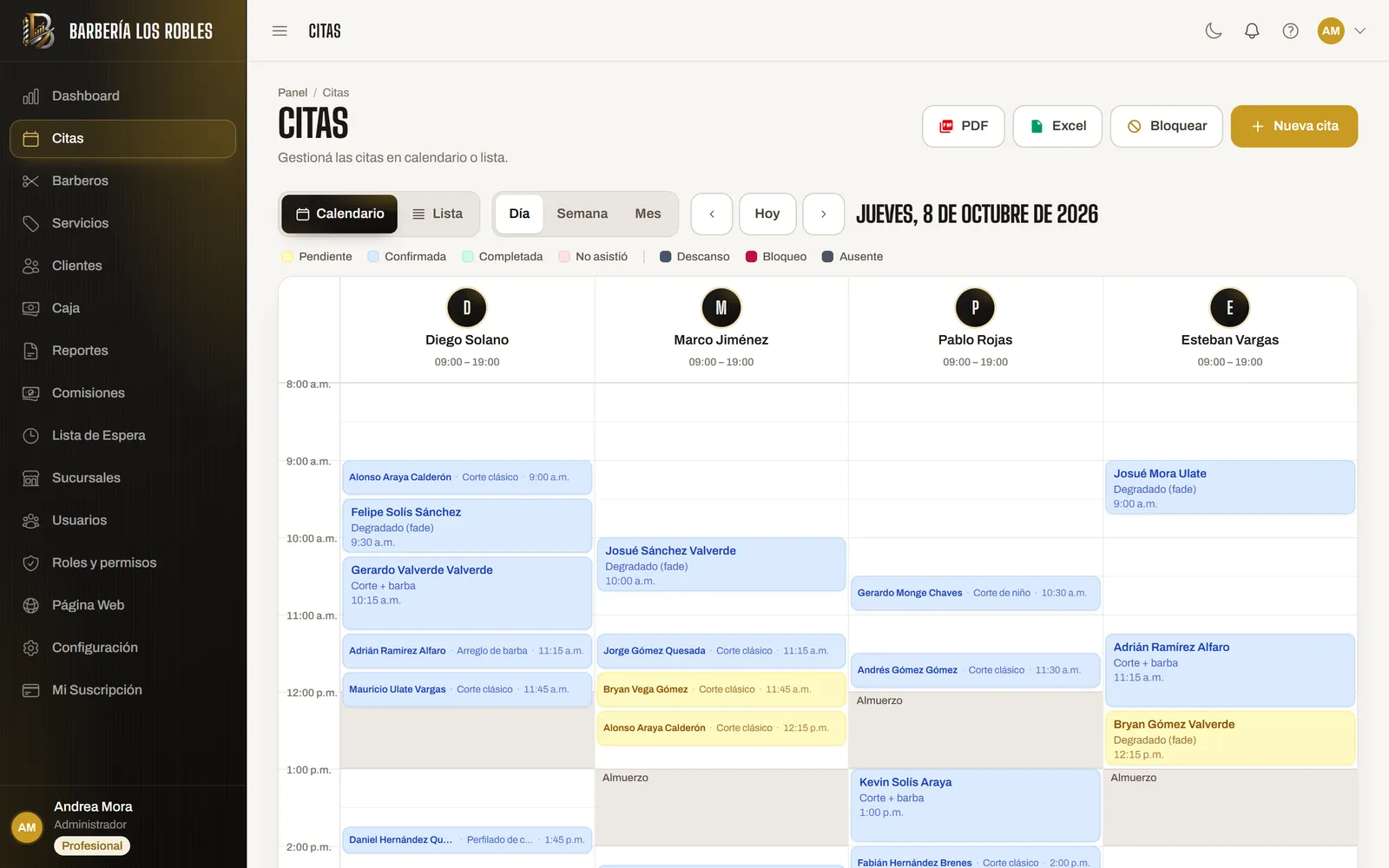 Agenda de día por barbero.