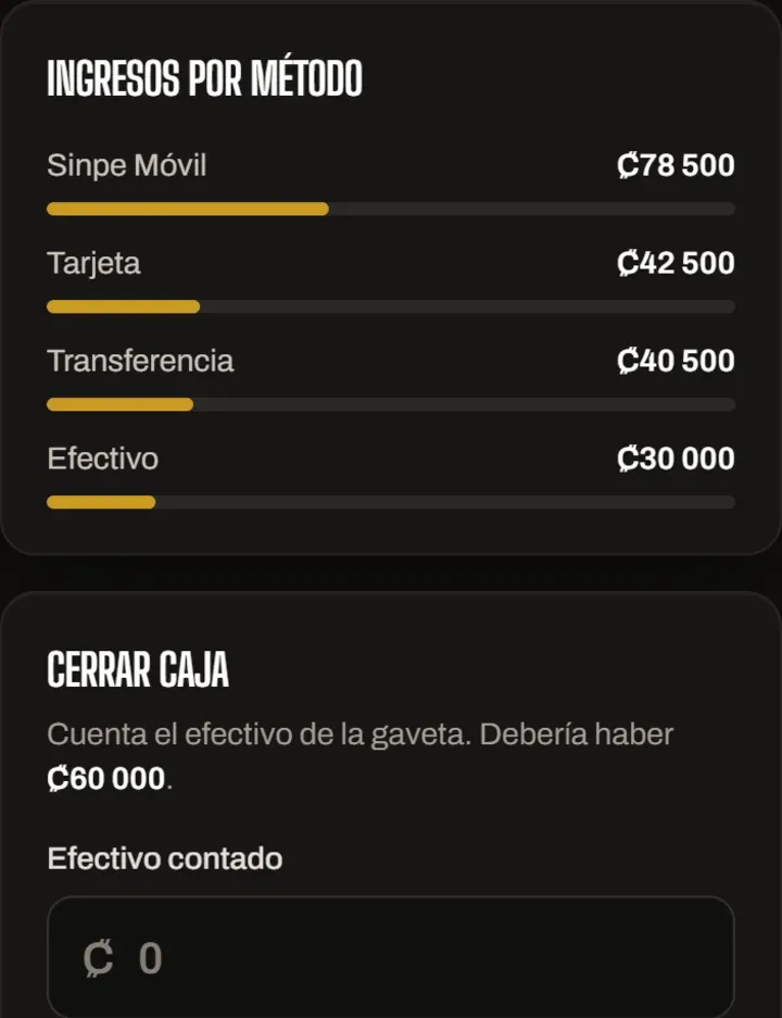 Caja del día con ingresos por método de pago.