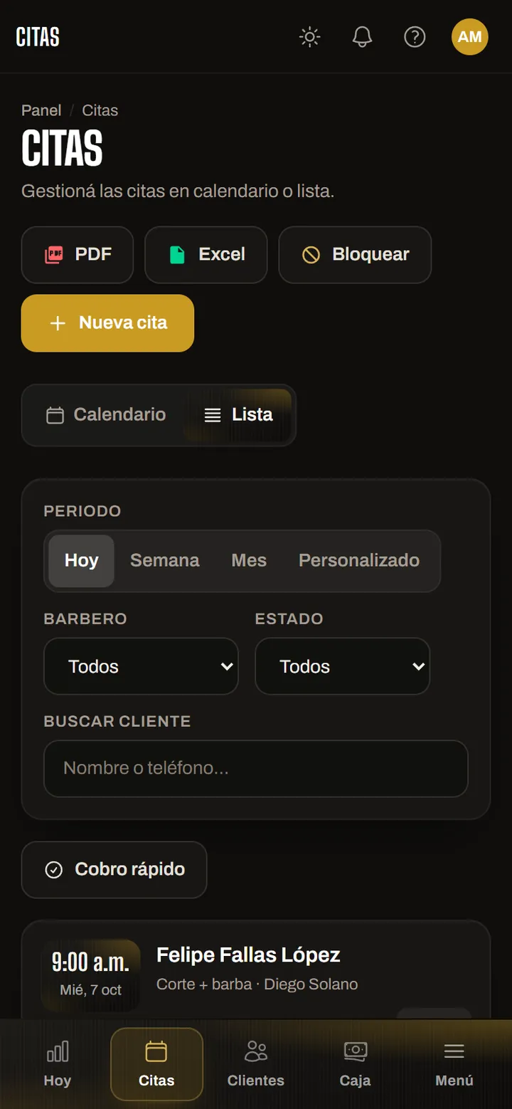 Lista de citas en el celular con filtros por período, barbero y estado, y el botón de cobro rápido.