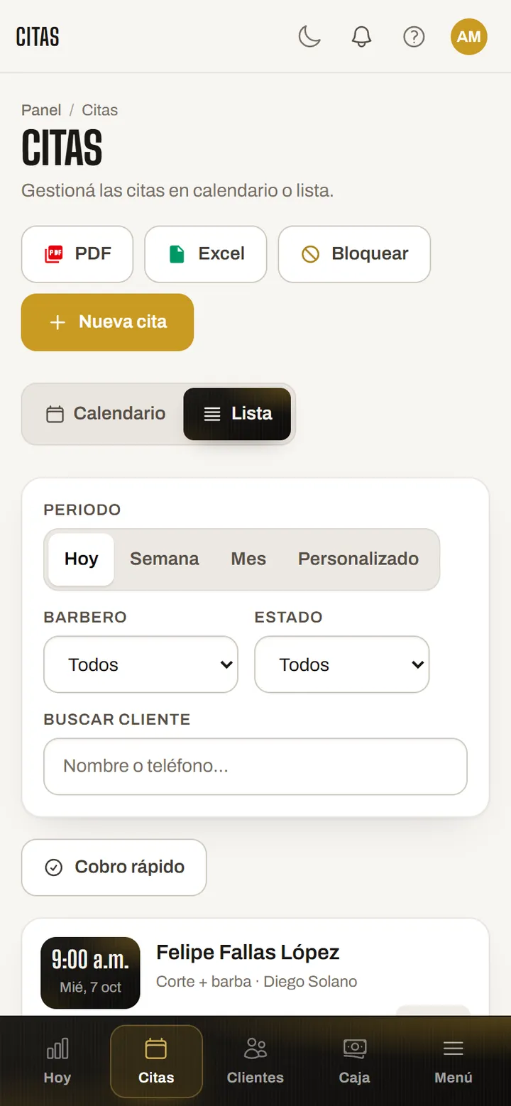 Lista de citas en el celular con filtros por período, barbero y estado, y el botón de cobro rápido.