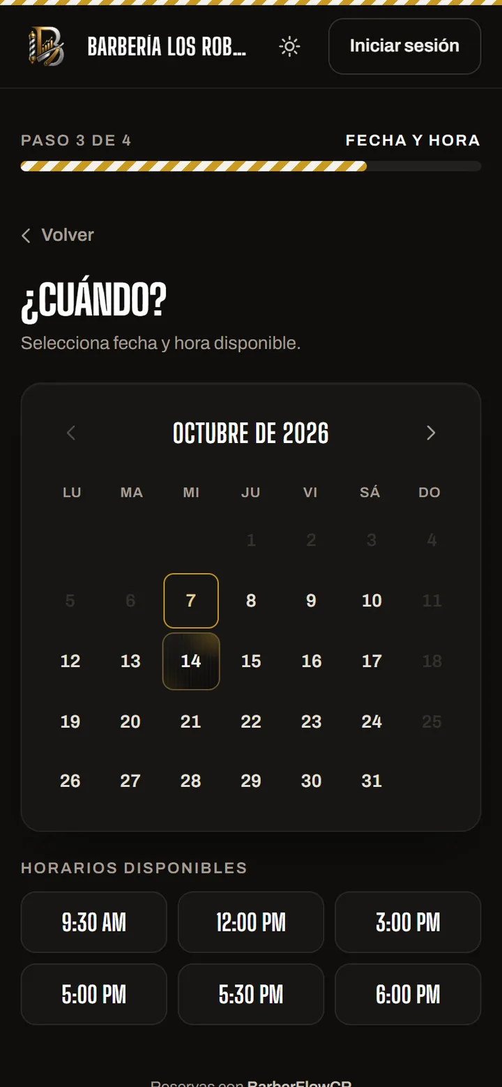 Reserva desde el celular con horarios disponibles.