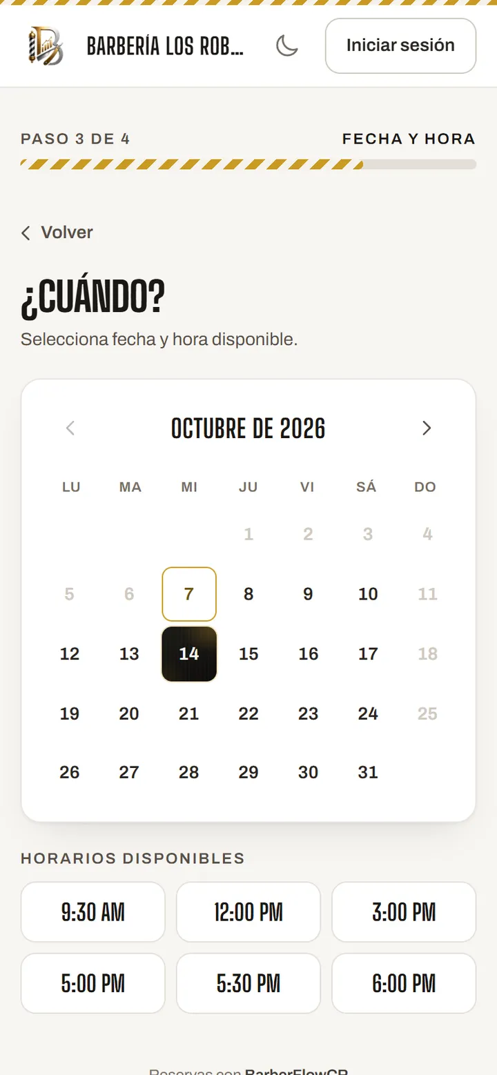 Reserva desde el celular con horarios disponibles.